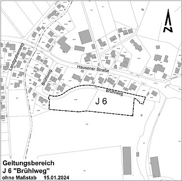 Ortsplan mit markiertem Geltungsbereich des Bebauungsplans J 6  östlich des Stadtteils Gerlenhofen im Siedlungsbereich „Werzlen“, nördlich des Häuserhofsees