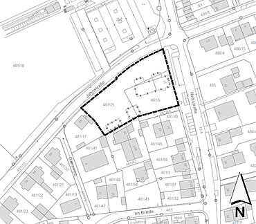 Planzeichnung mit Markierung des Geltungsbereiches des Bebauungsplans P 40 zwischen Jahnstraße, Holzstraße, Im Brittle und Gänsweg