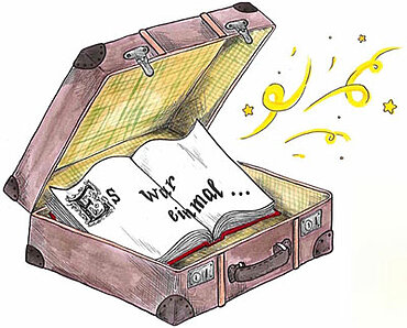 Zeichnung von einem Koffer mit einem Buch darin mit dem Text "Es war einmal..."