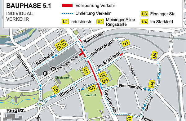 Baustellenplan mit Sperrungen und Umleitungen in der Reuttier Straße