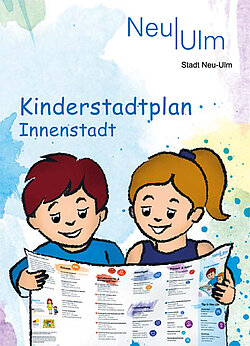 Deckblatt des Neu-Ulmer Kinderstadtplans "Innenstadt" mit einer Grafik zweier Kinder