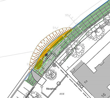 Plan vom Uferbereich am Maxplatz mit ocker eingezeichneter Kiesbank