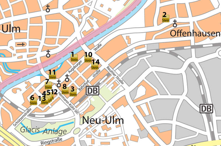Kartenausschnitt der Stadt Neu-Ulm mit Kennzeichnung der Verlegungsorte der verlegten Stolpersteine wie im nachfolgenden Text angegeben