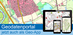 Banner "Geodatenportal", beim Anklicken öffnet sich die Seite "Geodatenportal Neu-Ulm" mit Ortskarten, Luftbildern und Bebauungsplänen von Neu-Ulm