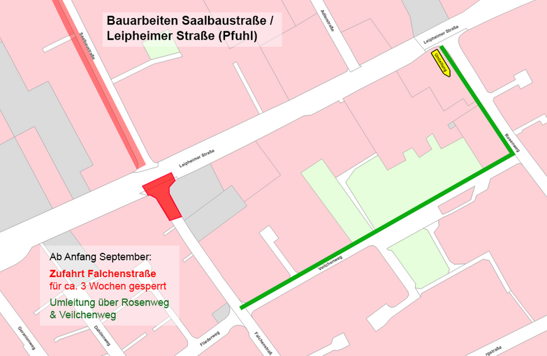 Ortsplan mit Sperrung im Kreuzungsbereich Leipheimer Straße / Falchenstraße und Umleitung über Rosenweg und Veilchenweg