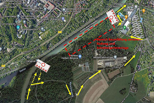 Lageplan der Baumfällung im Bereich zwischen dem Donauradweg und der Schrebergartenanlage "Im Koppenwörth" mit großräumiger Umleitung des Rad- und Fußverkehrs über den Weg "Am Kaltwässerle"