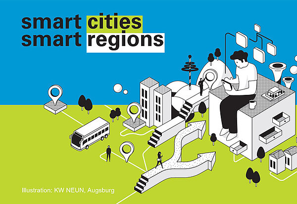 Illustration mit verschiedenen Motiven wie Gebäuden, einem Bus, einer Person mit einem Smartphone und der Beschriftung "smart cities, smart regions"
