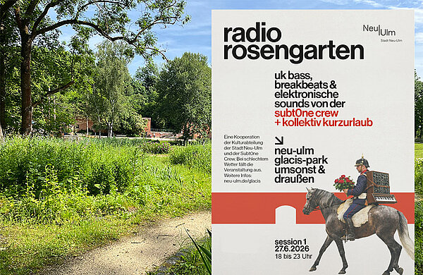 Glacis-Park mit Plakat "Radio Rosengarten"