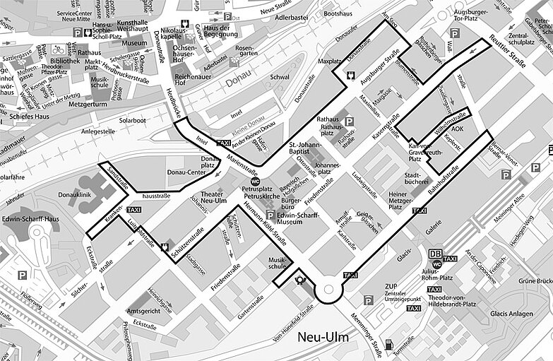 Stadtplan von Neu-Ulm mit eingezeichnetem Gebiet der Parkgebührenzone