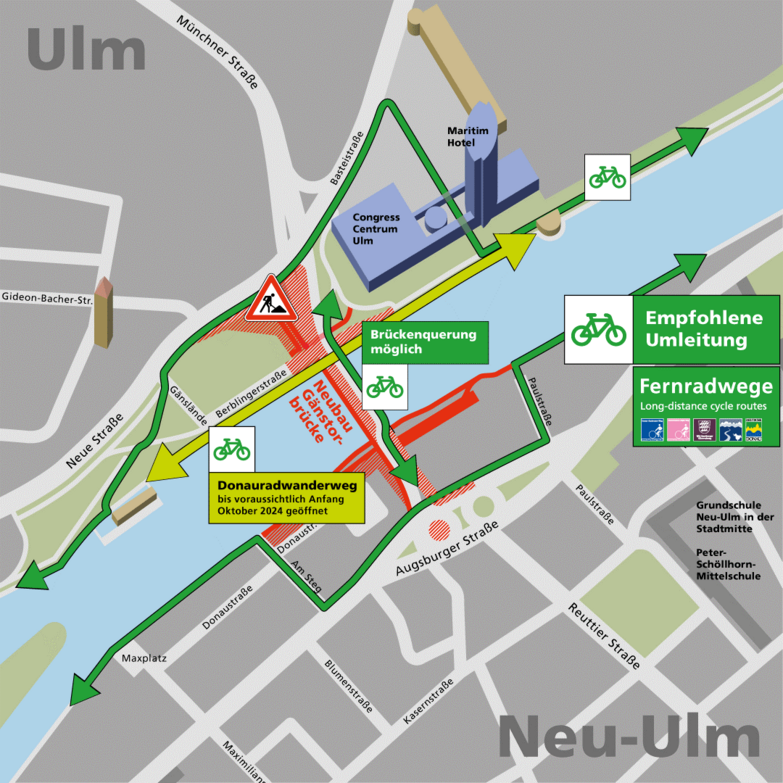 Plan Ulm und Neu-Ulm im Bereich der Gänstorbrücke mit Darstellung der Umleitung für den Fuß- und Radverkehr über den Augsburger-Tor-Platz