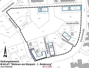 Stadtplan mit Geltungsbereich des Bebauungsplan M 62.4/1 „Wohnen am Illerpark – 1. Änderung“ zwischen Humboldtstraße, Merianstraße und Filchnerstraße