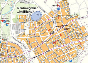 Ortskarte von Neu-Ulm mit Lage des Neubaugebiets "Im Eiland" im Norden von Pfuhl