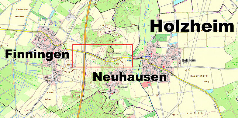 Ortsplan mit den den Neu-Ulmer Stadtteilen Finningen und Steinheim sowie der Gemeinde Holzheim