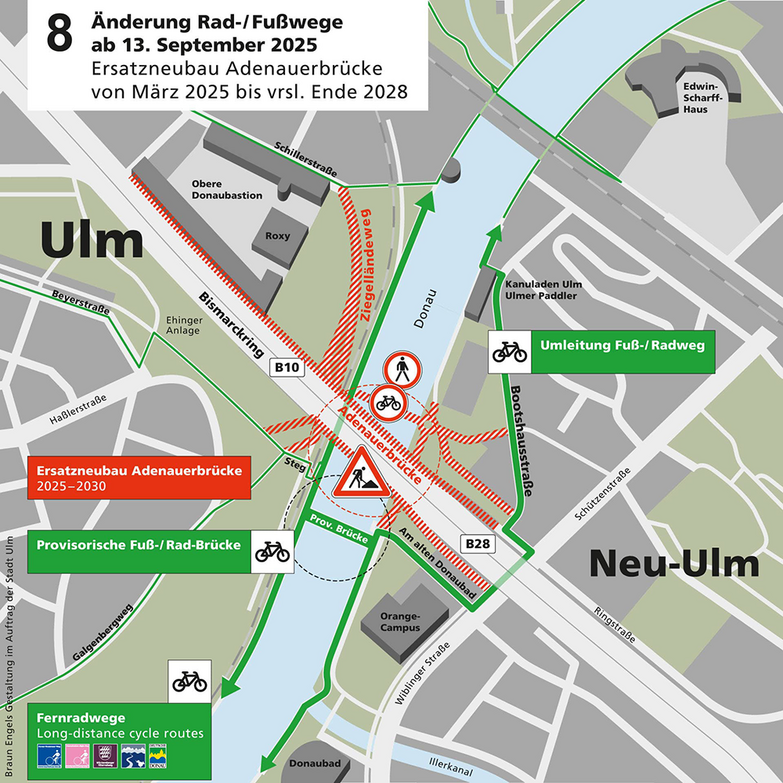 Baustellenplan: Änderung der Rad- und Fußwege im Baustellenbereich der Adenauerbrücke
