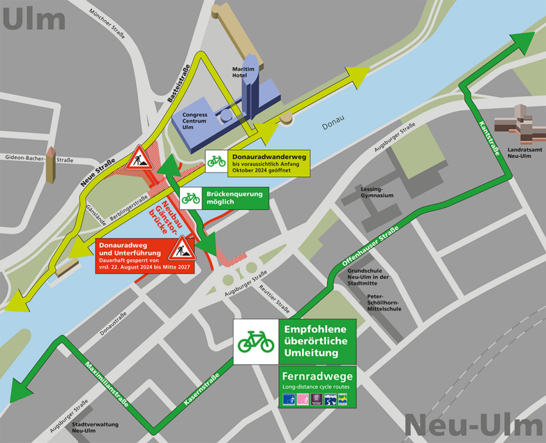 Plan mit Umleitung für den Radverkehr über Maxplatz, Maximilianstraße, Kasernstraße, Offenhausener Straße und Kantstraße