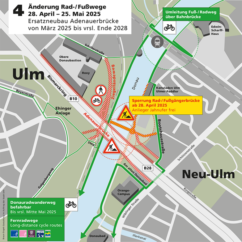 Sperrung und Umleitungen ab dem 28. April 2025 Baustellenplan Änderung der Rad- und Fußwege im Baustellenbereich der Adenauerbrücke ab 28. April 2025