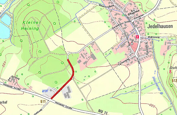 Ortskarte mit gesperrtem Bereich der Gerlenhofer Straße zwischen Hausener Straße und Jedelhausen