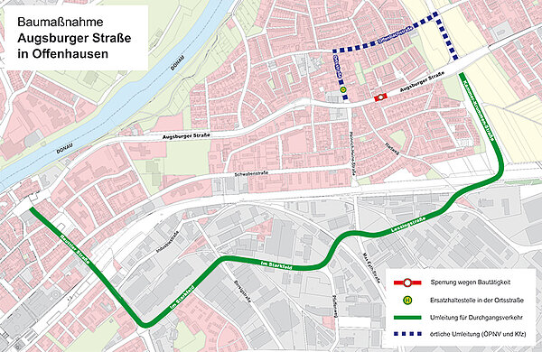 Übersichtsplan mit Sperrung im Bereich der Augsburger Straße sowie den Umleitungen