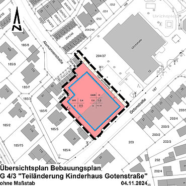 Geltungsbereich des Bebauungsplans G 4/3 „Teiländerung Kinderhaus Gotenstraße“ zwischen Gotenstraße im Süden und Alemannenstraße im Norden