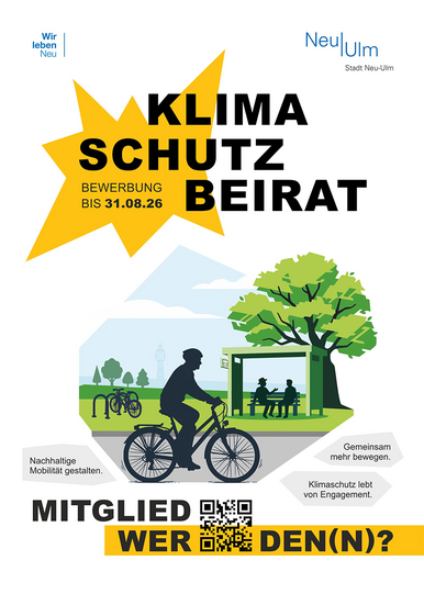 Plakat "Klimaschutzbeirat - Bewerbung bis 31.08.26" mit Grafik einer radelnden Person