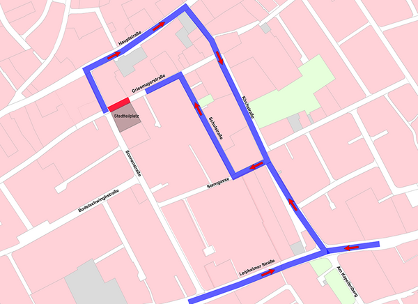 Ortsplan von Pfuhl mit eingezeichneter Sperrung in der Griesmayerstraße sowie den lokalen Umleitungen