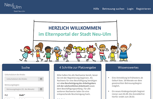 Das neue Kita-Portal: Screenshot von der Startseite mit Text "Herzlich willkommen im Elternportal der Stadt Neu-Ulm"