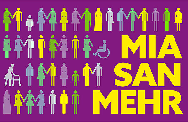 Banner mit dem Text "MIA SAN MEHR" sowie Menschen-Piktogrammen in verschiedenen Farben, die für die Vielfalt der Menschen stehen: zum Beispiel männliche und weibliche sowie transgeschlechtliche Personen, Einzelpersonen und Paare - heterosexuell und gleichgeschlechtlich oder auch Menschen im Rollstuhl
