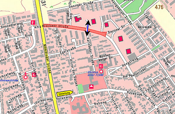 Ortsplan von Ludwigsfeld mit gesperrtem Bereich in der Breslauer Straße