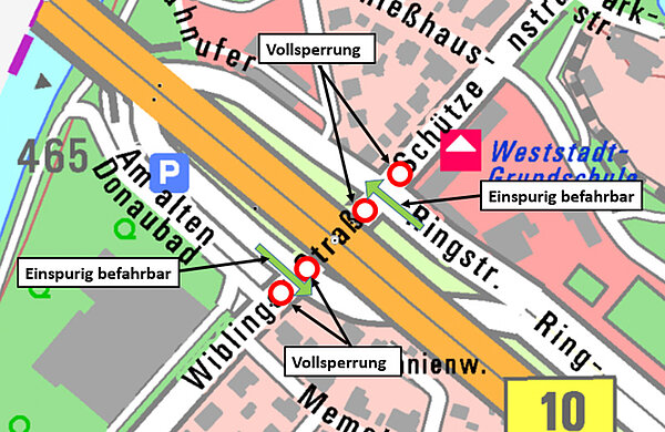 Ortsplan von Neu-Ulm mit eingezeichneter Sperrung der Wiblinger Straße (ab der Einmündung Am alten Donaubad) und der Schützenstraße.