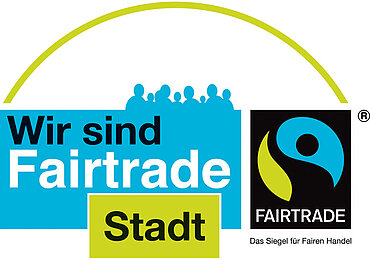 Logo "Wir sind Fairtrade Stadt" mit dem Fairtrade-Siegel