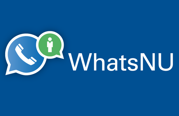 WhatsNU mit Logo: Sprechblase mit Telefon und Sprechblase mit Person