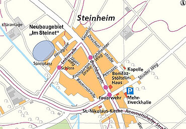 Ortsplan von Steinheim mit Markierung des Baugebiets „Im Steinet“ im Nordosten des Neu-Ulmer Stadtteils 