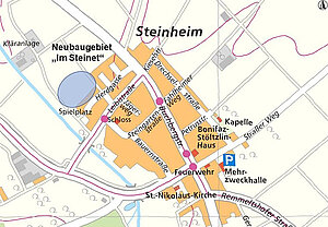 Ortskarte von Neu-Ulm mit Lage des Neubaugebiets "Im Steinet" in Steinheim
