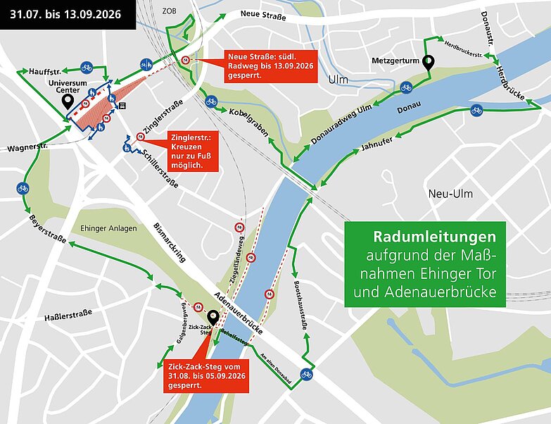 Fuß- und Radumleitungen aufgrund der Maßnahmen Ehinger Tor und Adenauerbrücke