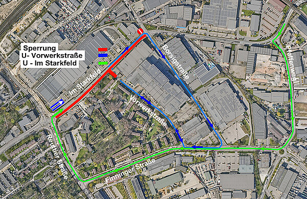 Sperrung und Umleitungen während der Baumaßnahme im Bereich „Im Starkfeld“ Luftplan mit Markierung des gesperrten Kreuzungsbereiches Im Starkfeld / Vorwerkstraße sowie den Umleitungen über die Borsigstraße beziehungsweise den Pfaffenweg