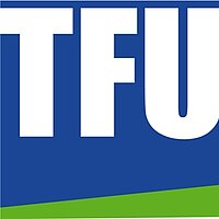 Logo TFU, weißer Schriftzug TFU auf blauem Hintergrund