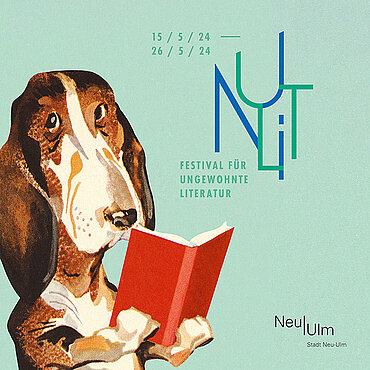 Banner "NU-LIT - Festival für ungewohnte Literatur" mit Zeichnung eines Hundes, der in einem Buch liest