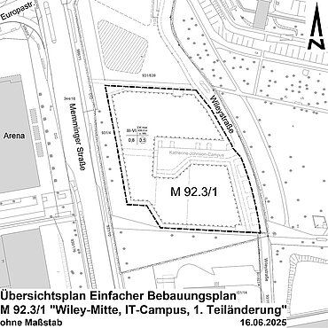 Lageplan mit Geltungsbereich des Bebauungsplans M 92.3/1 zwischen Memminger Straße im Westen und Wileystraße im Osten