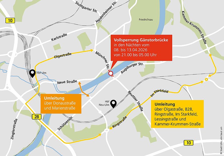 Stadtplan mit großräumiger Umleitung während der Vollsperrung der Gänstorbrücke