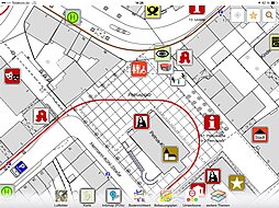 Infomap mit Straßennamen und Symbolen an interessanten Punkten/Einrichtungen wie Kirchen, Apotheken oder Haltestellen