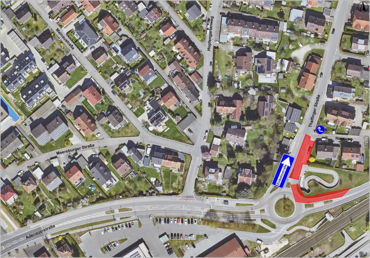  Luftbild mit Baufeld in der Thalfinger Straße und Adenauerstraße und Einbahnstraßenregelung in der Thalfinger Straße