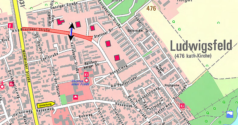 Ortsplan von Ludwigsfeld mit eingezeichneter Sperrung in der Breslauer Straße und Umleitung über den Hasenweg