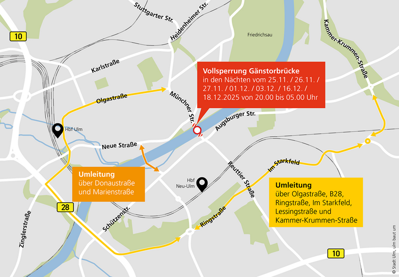Ortskarte Ulm/Neu-Ulm mit Vollsperrung der Gänstorbrücke und Umleitung über: Olgastraße, B 28, Ringstraße, Im Starkfeld, Kammer-Krummen-Straße.