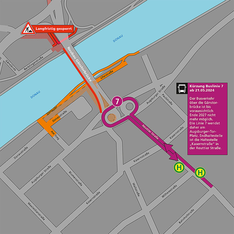 Karte im Bereich der Gänstorbrücke mit eingezeichneten Änderungen auf der SWU Buslinie 7
