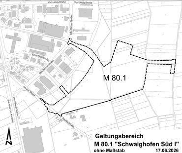 Geltungsbereich des Bebauungsplans M 80.1 "Schwaighofen Süd I" südöstlich des Gewerbegebietes an der Otto-Renner-Straße