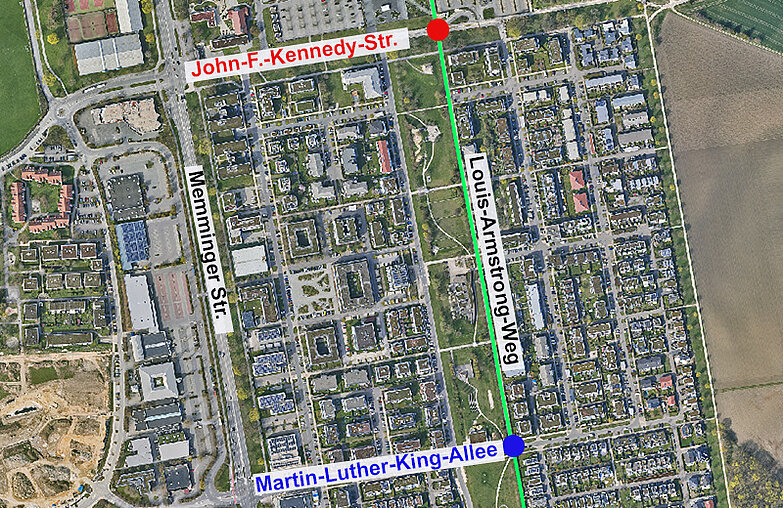 Luftbild Wiley mit Markierung der Kreuzungsbereiche des Louis-Armstrong-Weges mitereichen mit der John-F.-Kennedy-Straße und der Martin-Luther-King-Allee