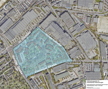 Luftbild mit dem Untersuchungsraum zwischen der Straße Im Starkfeld, der Vorwerkstraße, der Finninger Straße und der Reuttier Straße
