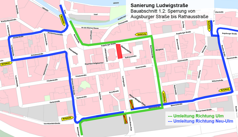 Stadtplan von der Neu-Ulmer Innenstadt mit eingezeichneter Sperrung der Ludwigstraße im Bereich Augsburger Straße bis Rathausstraße sowie den Umleitungen