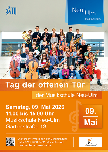Plakat Tag der offenen Tür am Samstag, 9. Mai 2026 in der Musikschule Neu-Ulm