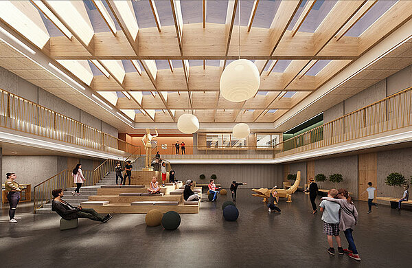 So soll die künftige Aula einmal aussehen. (© wörner traxler richter architekten) Die Visualisierung zeigt die künftige weiträumige Aula mit Glasdach.